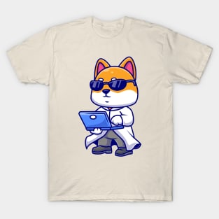 Cute Shiba Inu Dog Proffesor With Laptop Cartoon T-Shirt